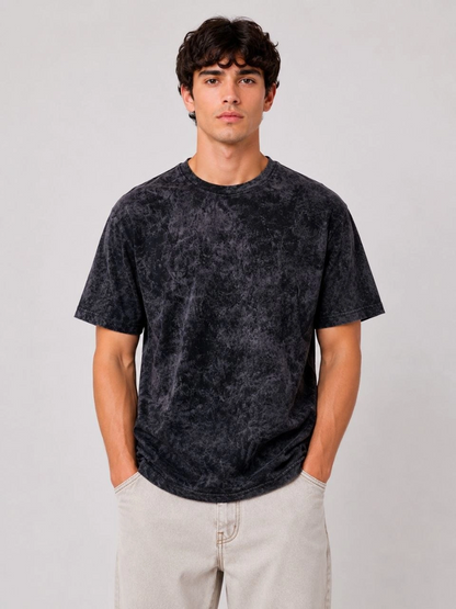 Erkek Yıkamalı Washed Effect Tişört Bisiklet Yaka Sokak Stil Kısa Kol T-Shirt - Siyah