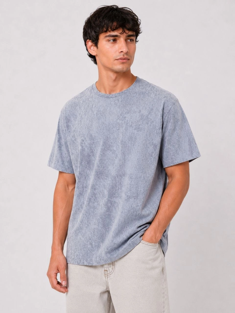 Erkek Yıkamalı Washed Effect Tişört Bisiklet Yaka Sokak Stil Kısa Kol T-Shirt - Gri