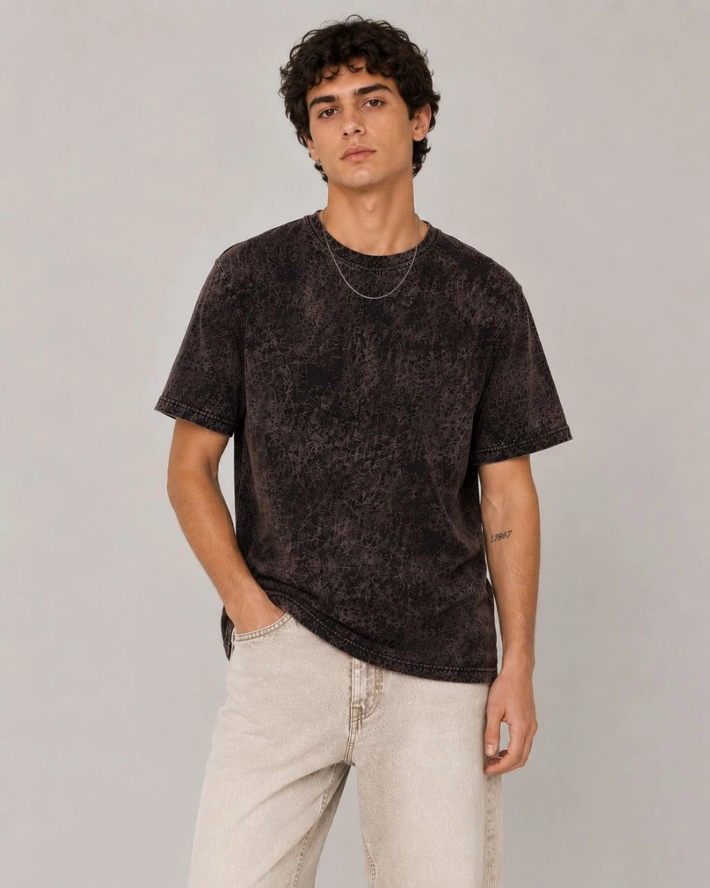 Erkek Yıkamalı Washed Effect Tişört Bisiklet Yaka Sokak Stil Kısa Kol T-Shirt - Füme