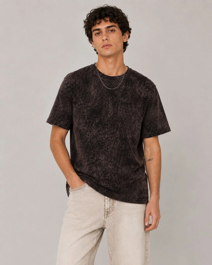 Erkek Yıkamalı Washed Effect Tişört Bisiklet Yaka Sokak Stil Kısa Kol T-Shirt - Füme