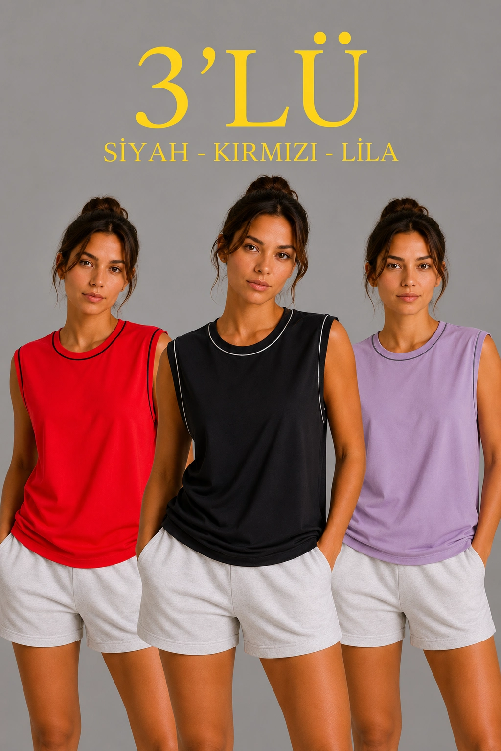 Kadın 3 lü Kolsuz Sporcu Atlet Seti Yazlık Bisiklet Yaka - Siyah, Kırmızı, Lila