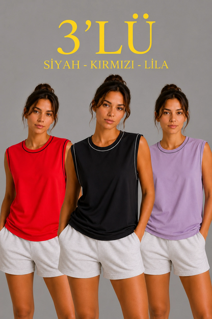 Kadın 3 lü Kolsuz Sporcu Atlet Seti Yazlık Bisiklet Yaka - Siyah, Kırmızı, Lila