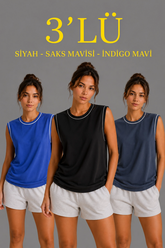 Kadın 3 lü Kolsuz Sporcu Atlet Seti Yazlık Bisiklet Yaka - Siyah, Saks Mavisi, İndigo