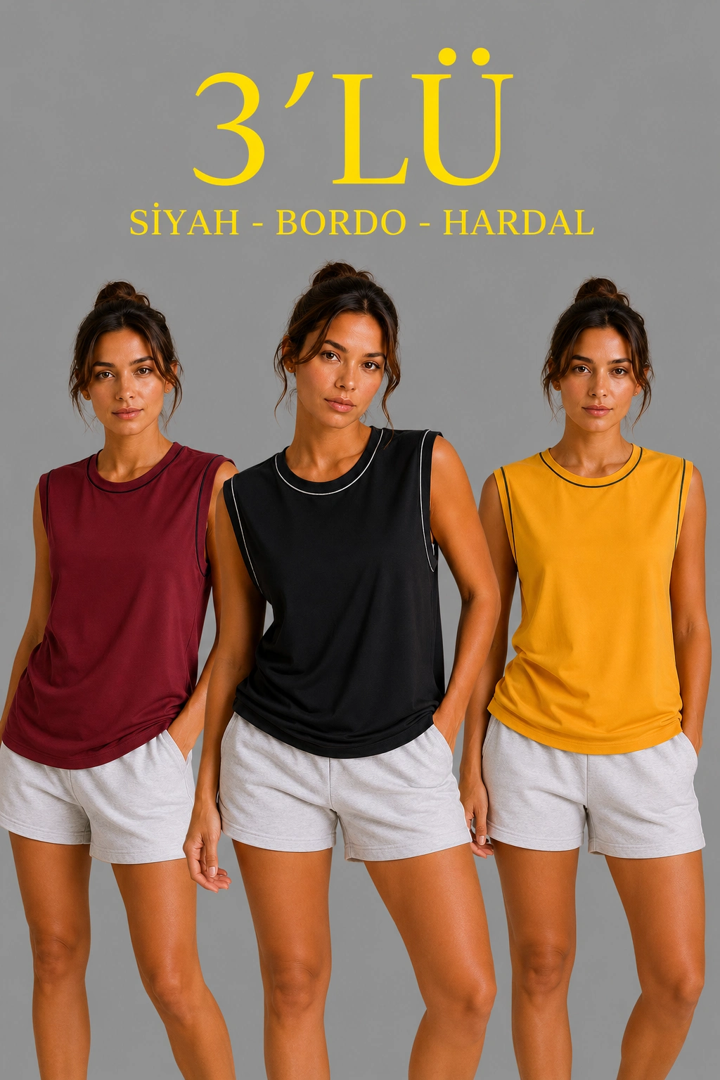 Kadın 3 lü Kolsuz Sporcu Atlet Seti Yazlık Bisiklet Yaka - Siyah, Bordo, Hardal