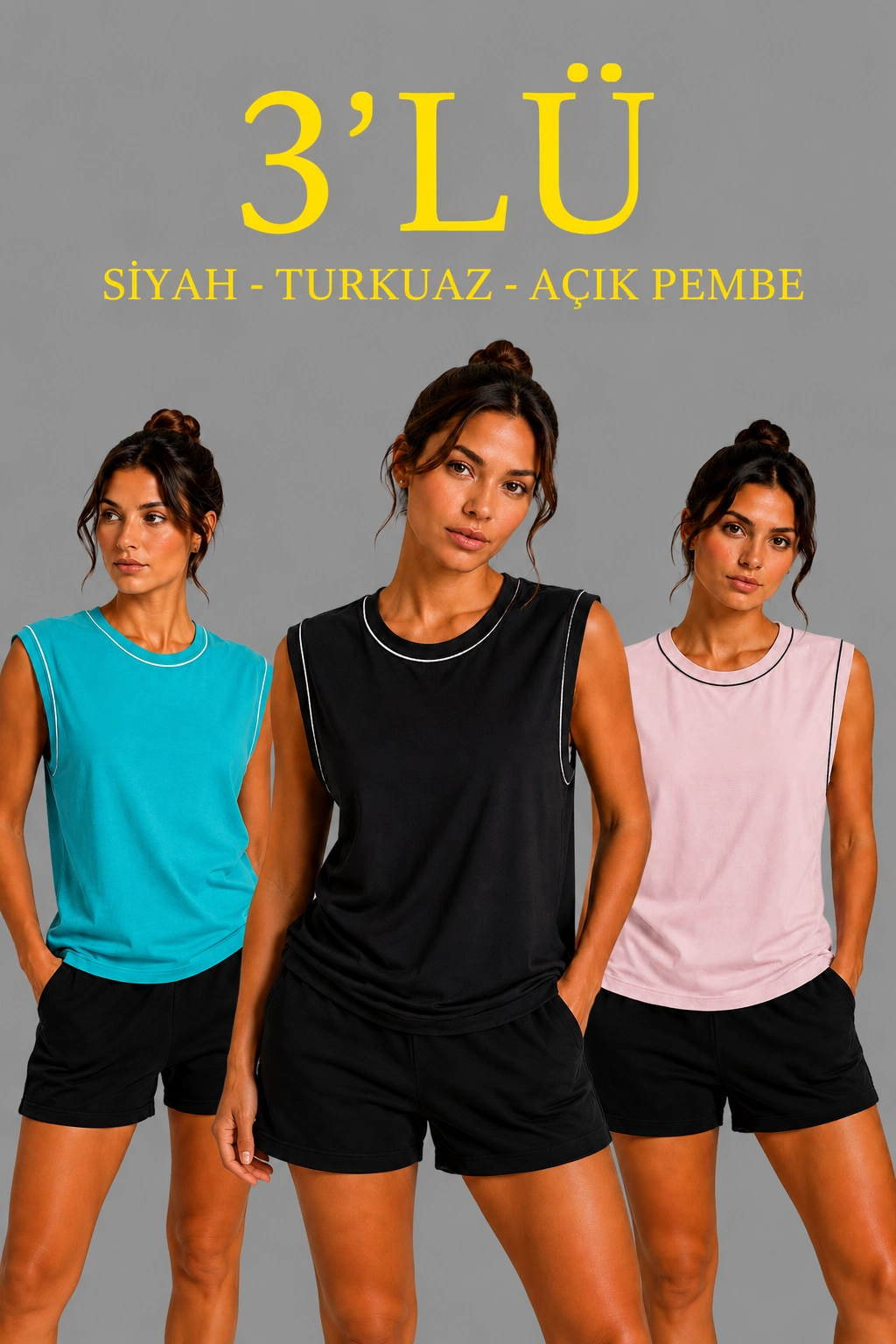 Kadın 3 lü Kolsuz Sporcu Atlet Seti Yazlık Bisiklet Yaka - Siyah, Turkuaz, Pembe