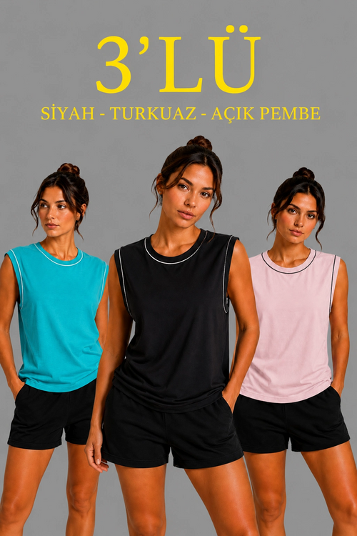 Kadın 3 lü Kolsuz Sporcu Atlet Seti Yazlık Bisiklet Yaka - Siyah, Turkuaz, Pembe