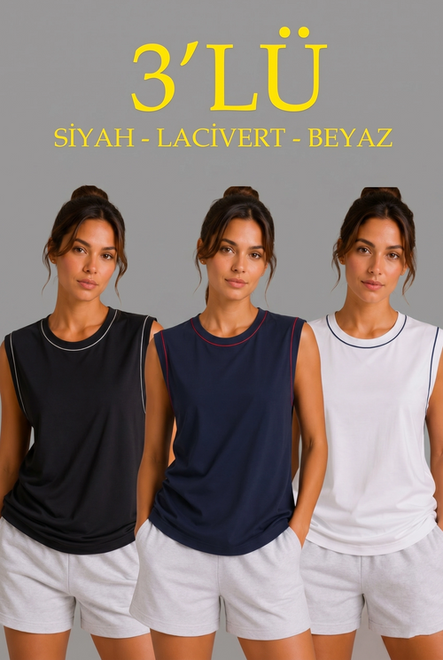 Kadın 3 lü Kolsuz Sporcu Atlet Seti Yazlık Bisiklet Yaka - Siyah, Lacivert, Beyaz