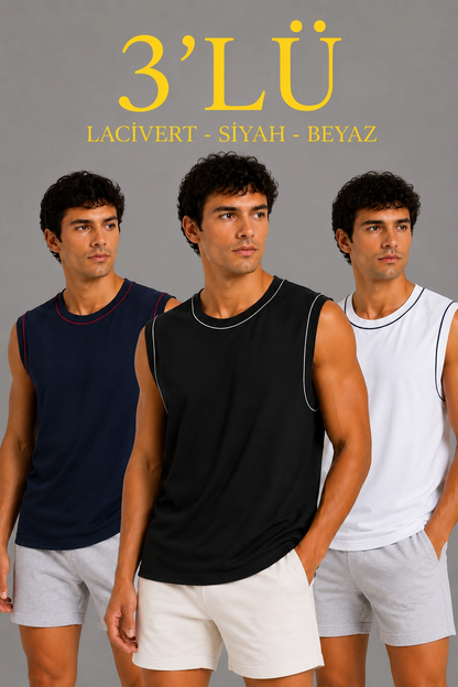Erkek 3 lü Kolsuz Sporcu Atlet Seti Yazlık Bisiklet Yaka - Siyah, Lacivert, Beyaz