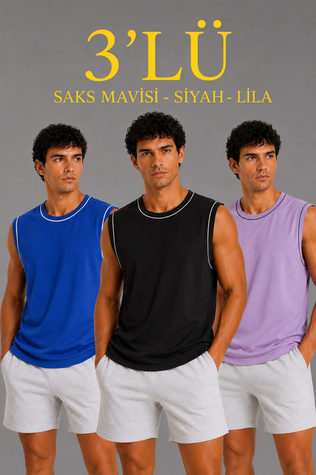 Erkek 3 lü Kolsuz Sporcu Atlet Seti Yazlık Bisiklet Yaka - Siyah, Lila, Saks Mavisi