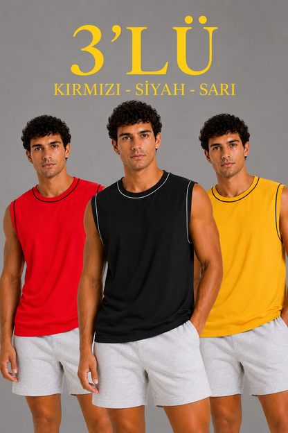 Erkek 3 lü Kolsuz Sporcu Atlet Seti Yazlık Bisiklet Yaka - Siyah, Kırmızı, Sarı