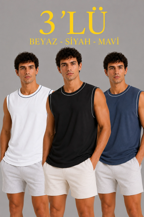Erkek 3 lü Kolsuz Sporcu Atlet Seti Yazlık Bisiklet Yaka - Siyah, Beyaz, İndigo