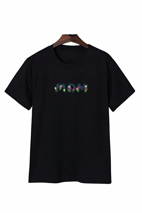 Anneler Gününe Özel Tasarım mom Çiçek Baskılı T-shirt - Siyah -