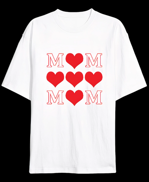 Anneler Günü Hediye MOM Kalp Baskılı Oversize Bisiklet Yaka T-shirt - Beyaz