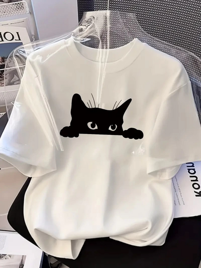 Şık Siyah Kedi Grafik Tişört - Mükemmel Yaz Modası - Beyaz -