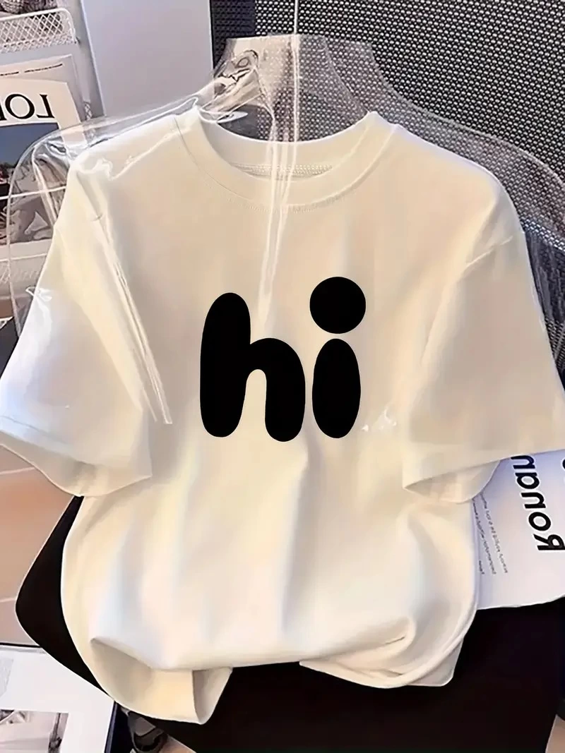 20/1 Penye Compack Baskılı Oversize Bisiklet Yaka Kısa Kol Yazlık T-shirt - Beyaz -