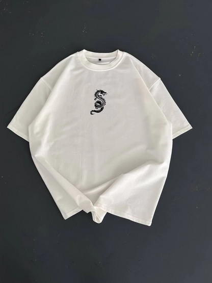 Baskılı Oversize Bisiklet Yaka T-shirt - Beyaz -