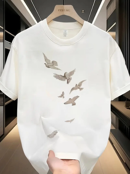 20/1 Penye Compack Özgür kuşlar Baskılı Oversize Bisiklet Yaka T-shirt - Beyaz -