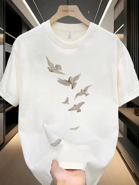 20/1 Penye Compack Özgür kuşlar Baskılı Oversize Bisiklet Yaka T-shirt - Beyaz -