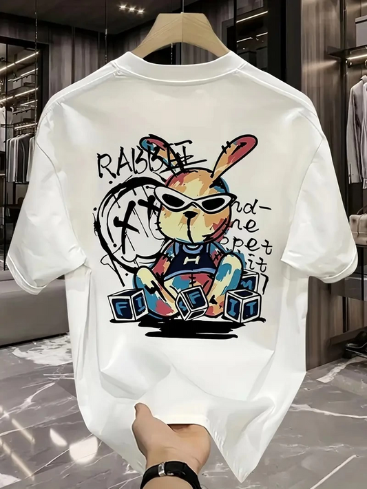 güneş Gözlüğü Grafikli Karikatür Tavşan Oversize Kısa Kollu Çift Tişört, Beyaz -
