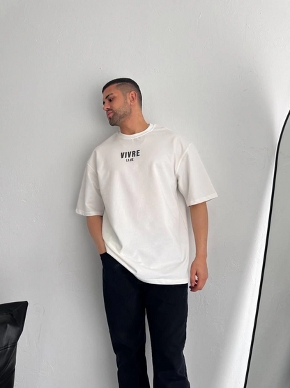 Baskılı Oversize Bisiklet Yaka T-shirt - Beyaz -