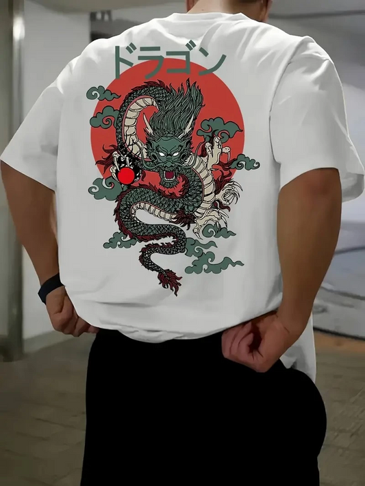 20/1 Penye Compack Ön Arka Ejder Baskılı Oversize Bisiklet Yaka T-shirt - Beyaz -