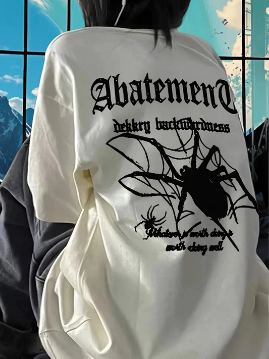 Örümcek Ağı Desenli Baskılı Oversize Bisiklet Yaka T-shirt  - Beyaz -