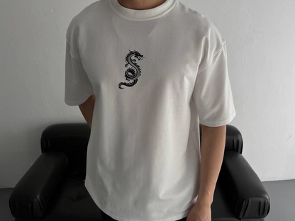 Baskılı Oversize Bisiklet Yaka T-shirt - Beyaz -