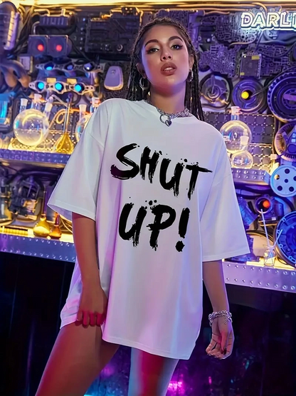 20/1 Penye Compack Oversize Beyaz Shut Up Kısa Kol Yazlık Tişört - Beyaz -