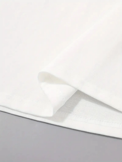 20/1 Penye Compack Palmiye Ön Baskılı Oversize Bisiklet Yaka Kısa Kol Yazlık T-shirt - Beyaz -