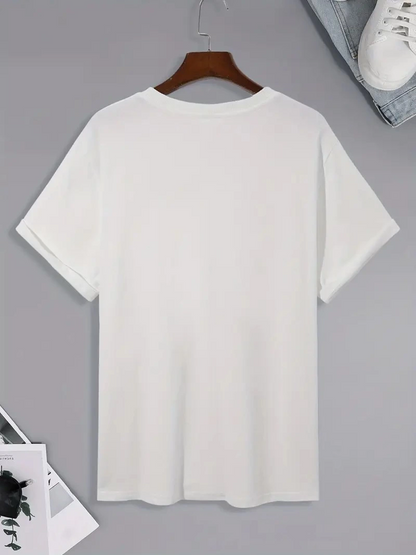 20/1 Penye Compack Palmiye Ön Baskılı Oversize Bisiklet Yaka Kısa Kol Yazlık T-shirt - Beyaz -