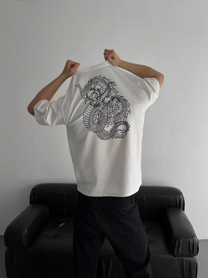 Baskılı Oversize Bisiklet Yaka T-shirt - Beyaz -
