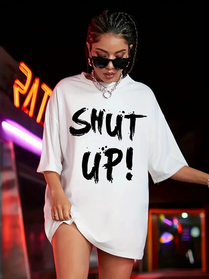 20/1 Penye Compack Oversize Beyaz Shut Up Kısa Kol Yazlık Tişört - Beyaz -