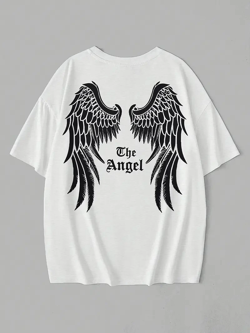 20/1 Penye Compack Dark Angel Baskılı Oversize Kısa Kol Yazlık T-shirt- Beyaz -