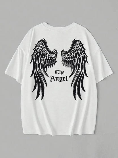 20/1 Penye Compack Dark Angel Baskılı Oversize Kısa Kol Yazlık T-shirt- Beyaz -