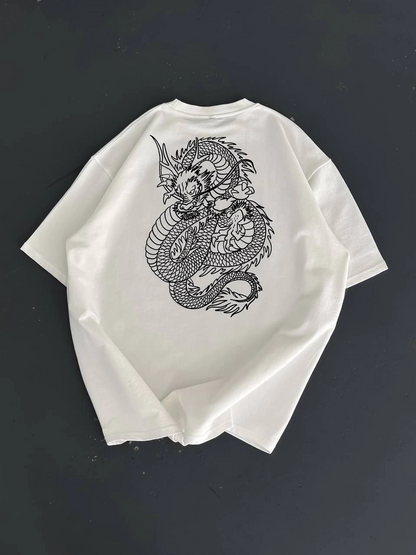 Baskılı Oversize Bisiklet Yaka T-shirt - Beyaz -