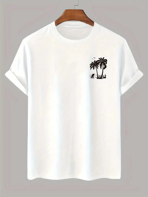20/1 Penye Compack Palmiye Ön Baskılı Oversize Bisiklet Yaka Kısa Kol Yazlık T-shirt - Beyaz -