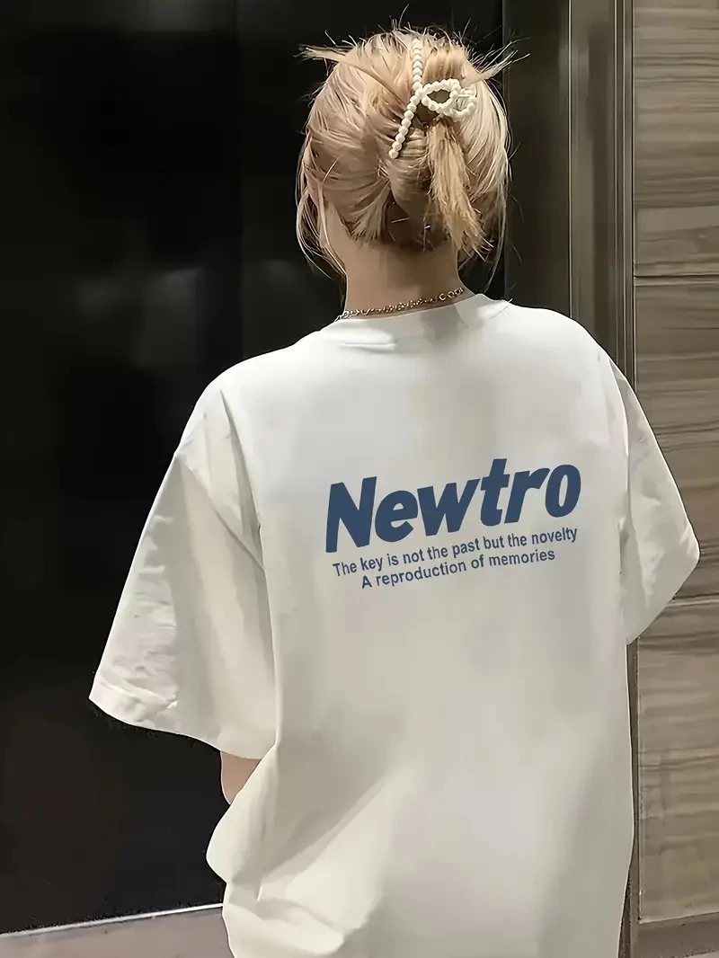 Newtro Baskılı Oversize Bisiklet Yaka T-shirt - Beyaz -