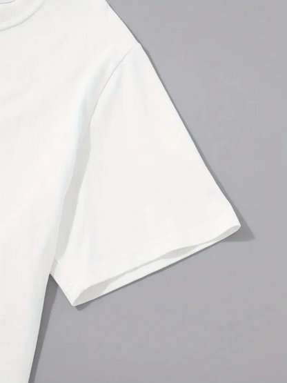 20/1 Penye Compack Palmiye Ön Baskılı Oversize Bisiklet Yaka Kısa Kol Yazlık T-shirt - Beyaz -