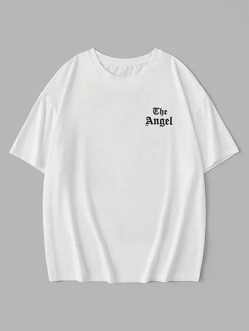 20/1 Penye Compack Dark Angel Baskılı Oversize Kısa Kol Yazlık T-shirt- Beyaz -
