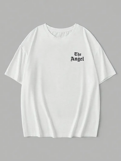 20/1 Penye Compack Dark Angel Baskılı Oversize Kısa Kol Yazlık T-shirt- Beyaz -
