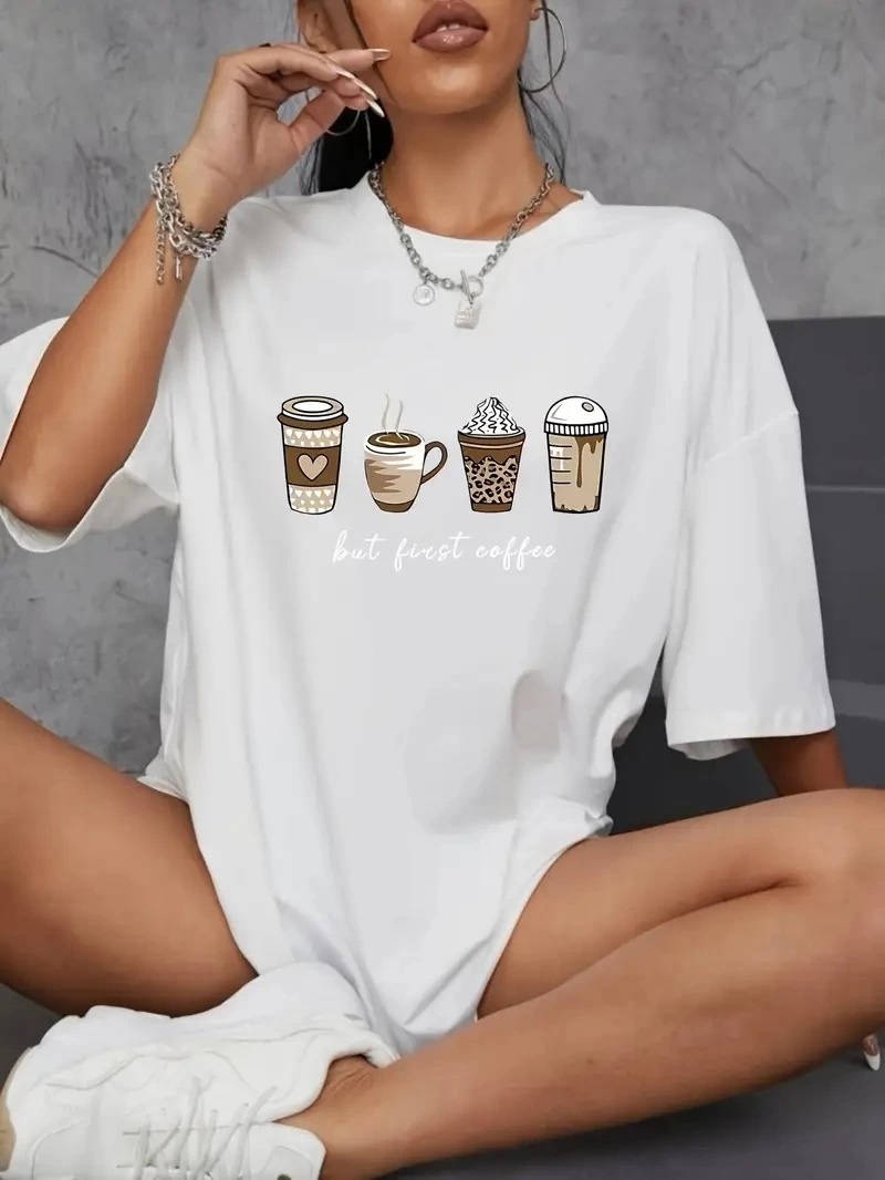 20/1 Penye Compack Baskılı Oversize Kahve Desenli   Kısa Kol T-shirt - Beyaz -