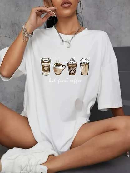 20/1 Penye Compack Baskılı Oversize Kahve Desenli   Kısa Kol T-shirt - Beyaz -