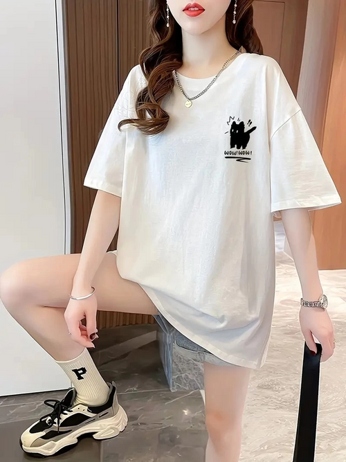 20/1 Penye Compack Tatlı Kedi Baskılı Oversize Bisiklet Yaka T-shirt - Beyaz -