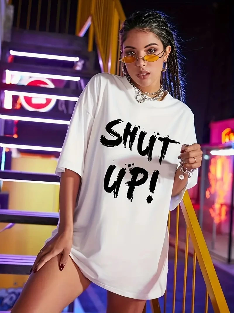20/1 Penye Compack Oversize Beyaz Shut Up Kısa Kol Yazlık Tişört - Beyaz -