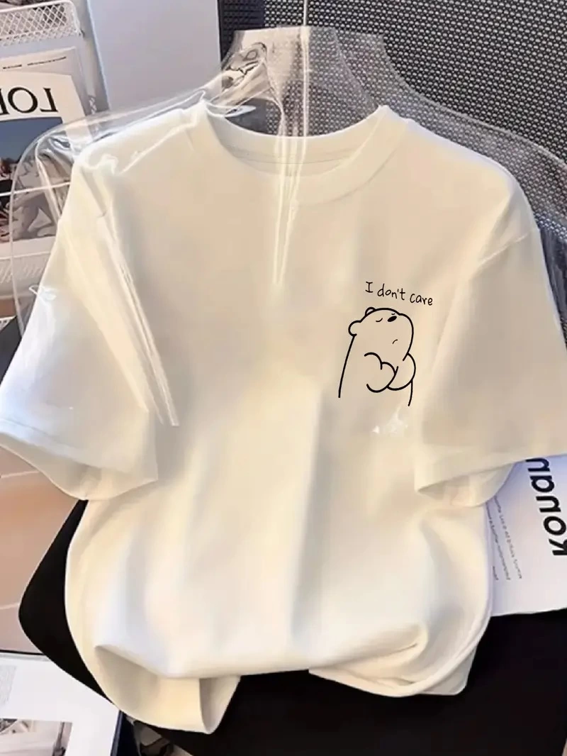 Hafif   Günlük T-Shirt Eğlenceli Karikatür Ayı ve "Umrumda Değil" Baskı  BEYAZ -
