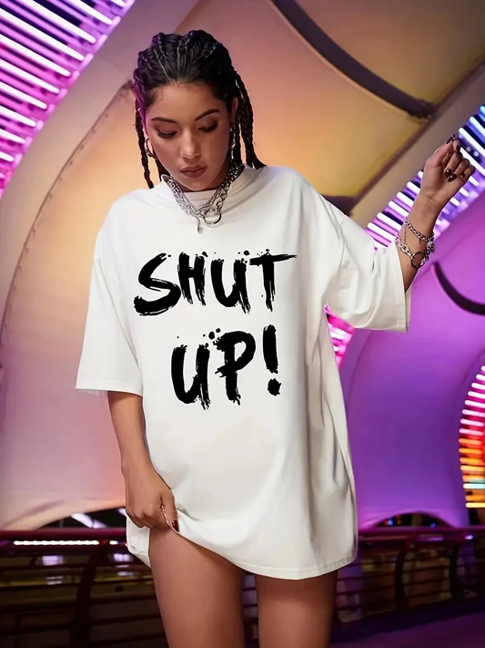 20/1 Penye Compack Oversize Beyaz Shut Up Kısa Kol Yazlık Tişört - Beyaz -
