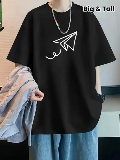 20/1 Penye Compack Uçak Baskılı Oversize Bisiklet Yaka Kısa Kol T-shirt - Siyah -
