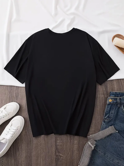 20/1 Penye Compack Baskılı Oversize Bisiklet Yaka Kısa Kol Yazlık T-shirt - Siyah -