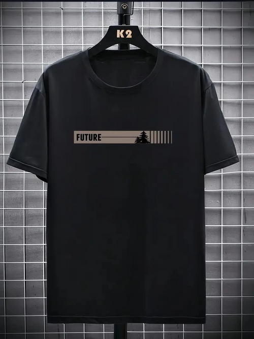 20/1 Penye Compack FUTRE Baskılı Oversize Kısa Kol Bisiklet Yaka T-shirt - Siyah -