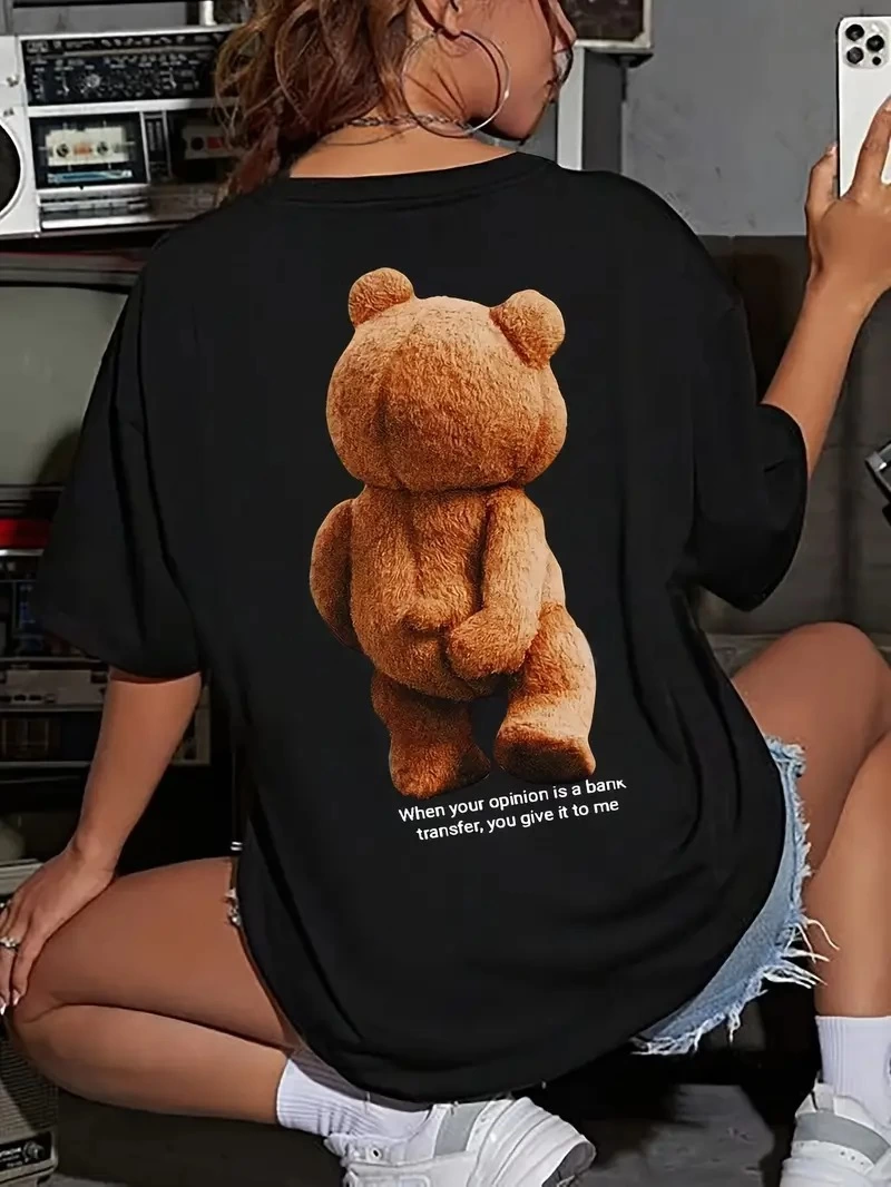 Büyük Boy Ayıcık Baskılı Bisiklet Yaka T-Shirt- Siyah -